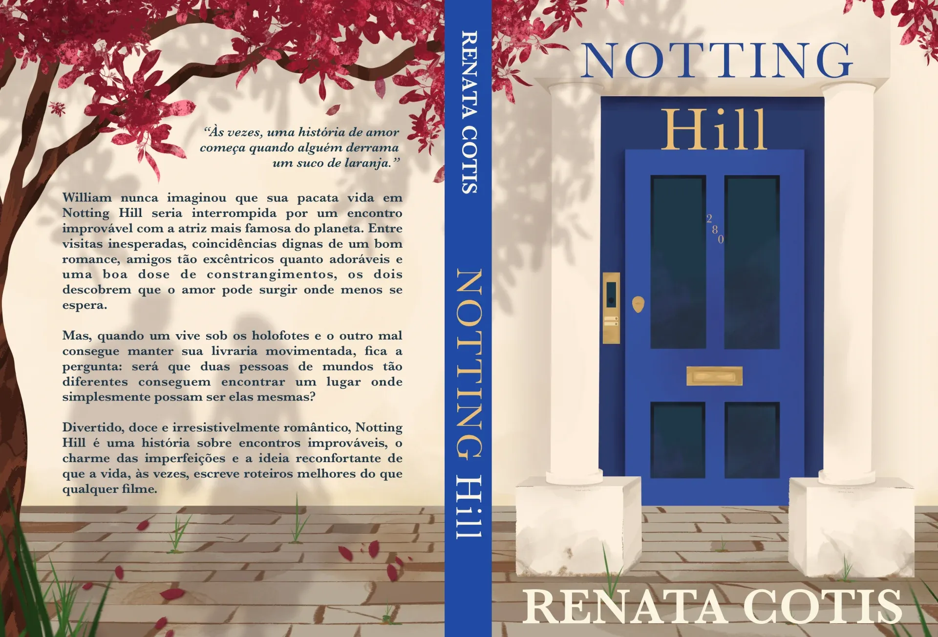 Book cover spread for Notting Hill: an iconic blue door framed by a blossoming tree, with leaf shadows on the wall and a couple's silhouette on the back cover. Romantic, atmospheric color palette.