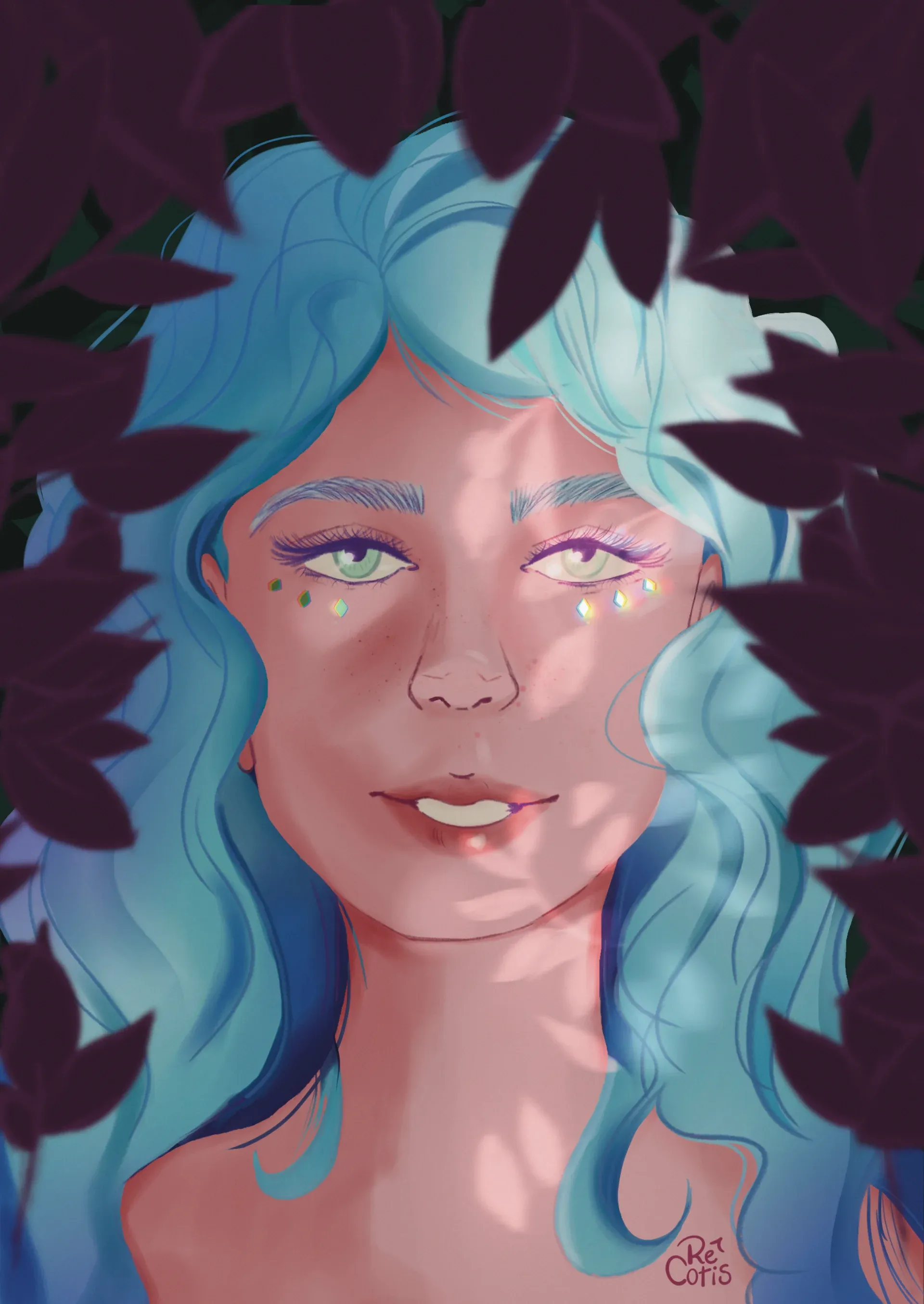 Character portrait of a woman with flowing blue hair framed by dark foliage, with an ethereal contrast between hair and shadowy leaves.