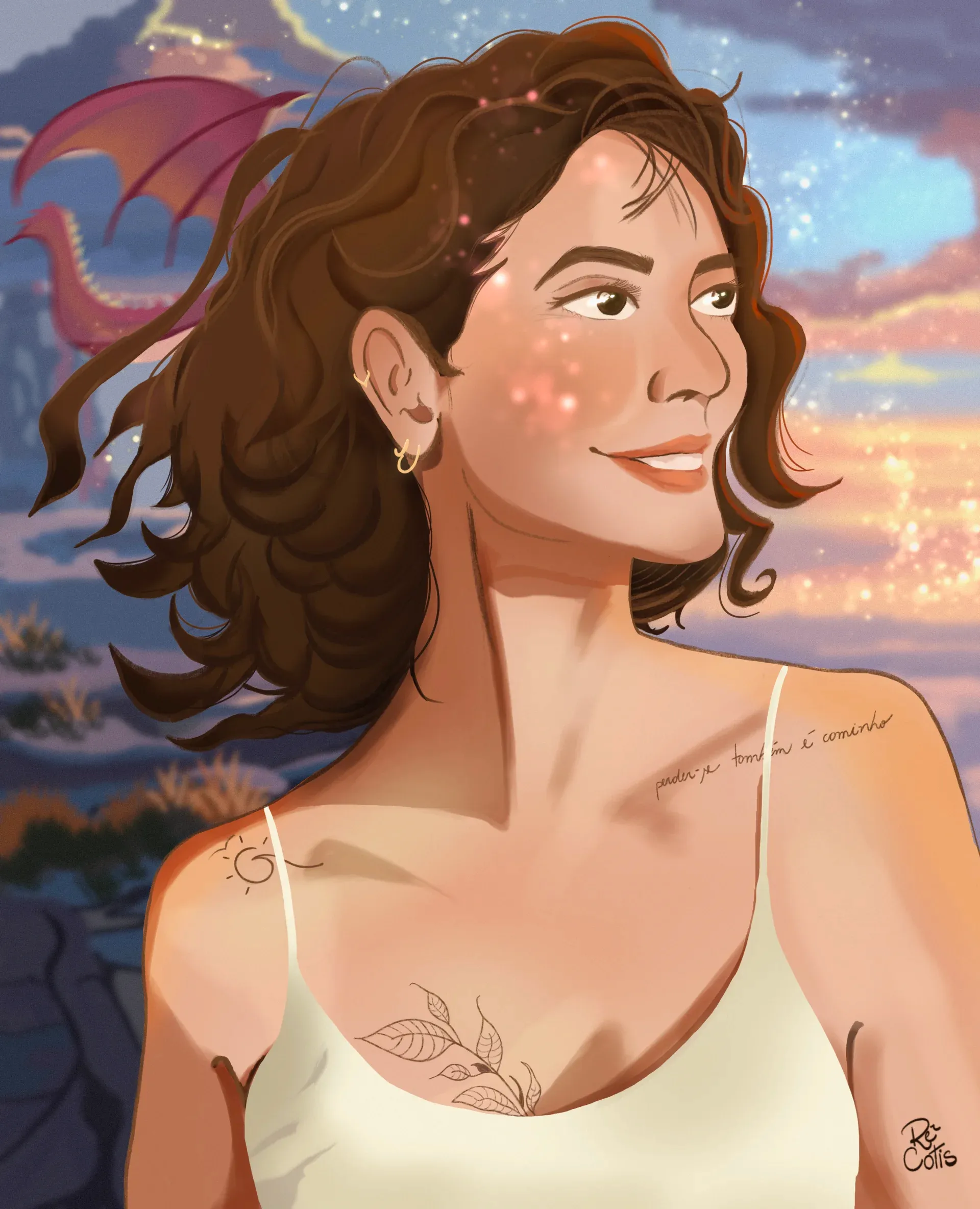 Self-portrait: a smiling woman with brown hair and tattoos reading "perder-se também é caminho" on her shoulder, a flower branch on her chest, and a dragon silhouette against a magical sunset.