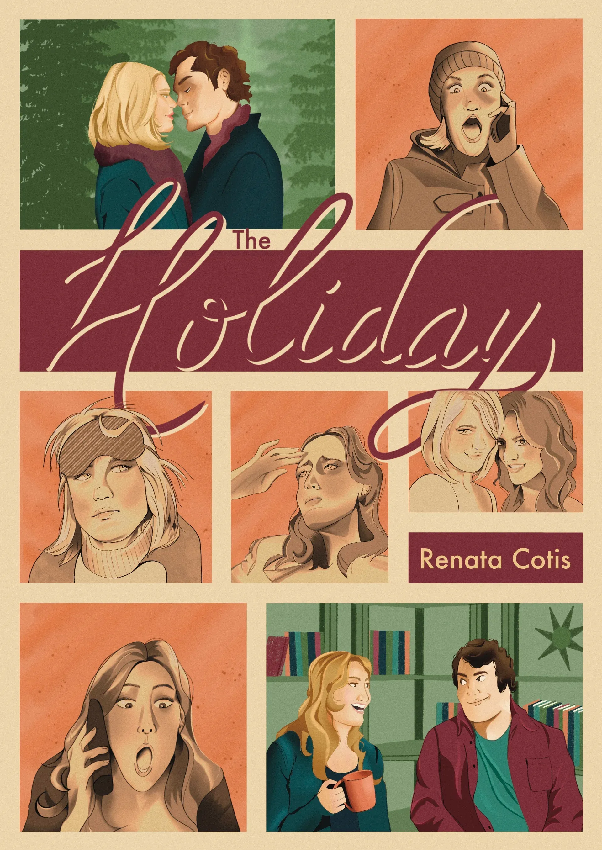 Book cover spread for The Holiday: comic strip grid layout with warm embrace scenes and expressive character portraits in orange tones.