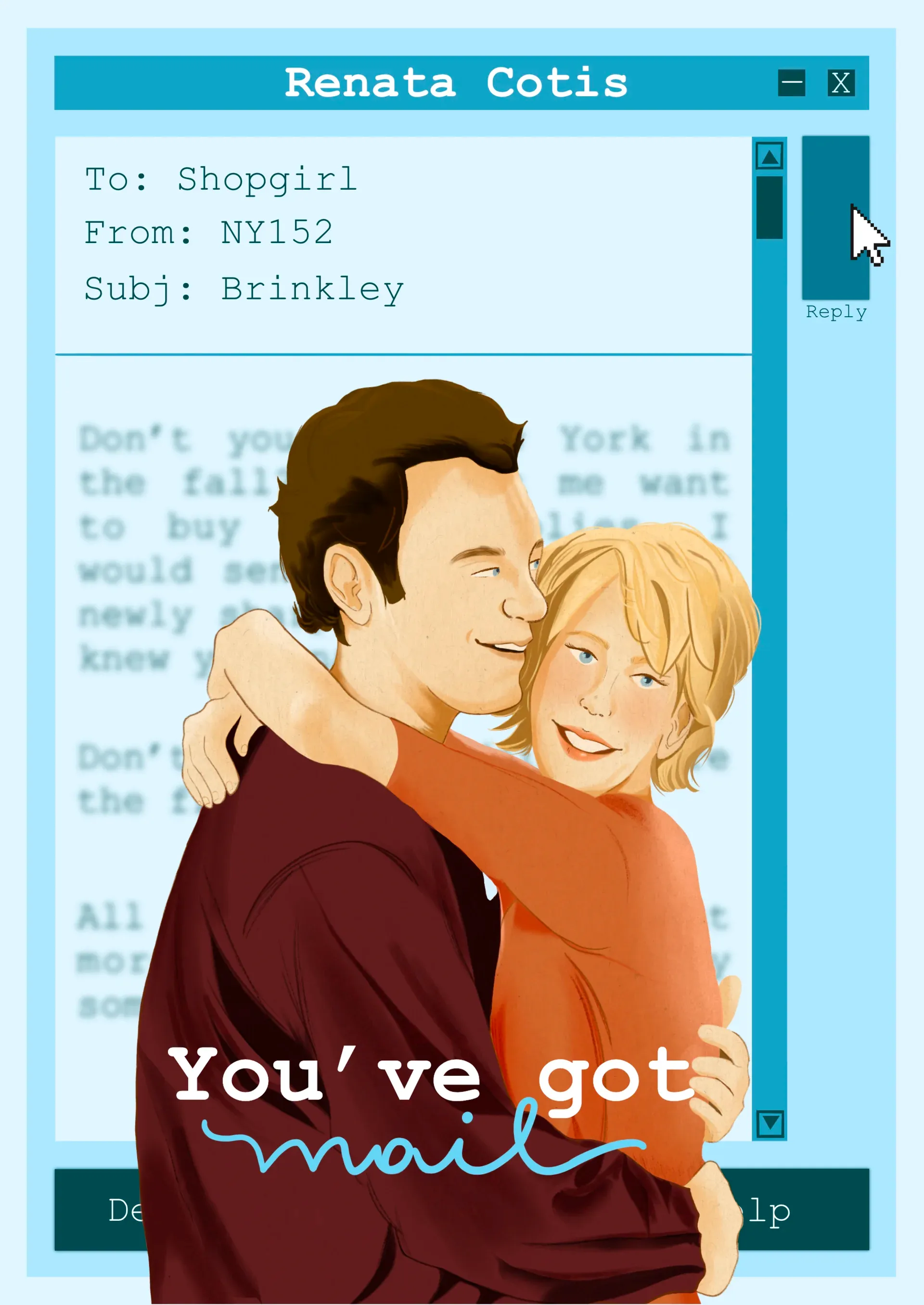 Book cover for You've Got Mail: a couple embracing in the foreground with warm yellow and orange tones against a cool blue digital-interface backdrop.
