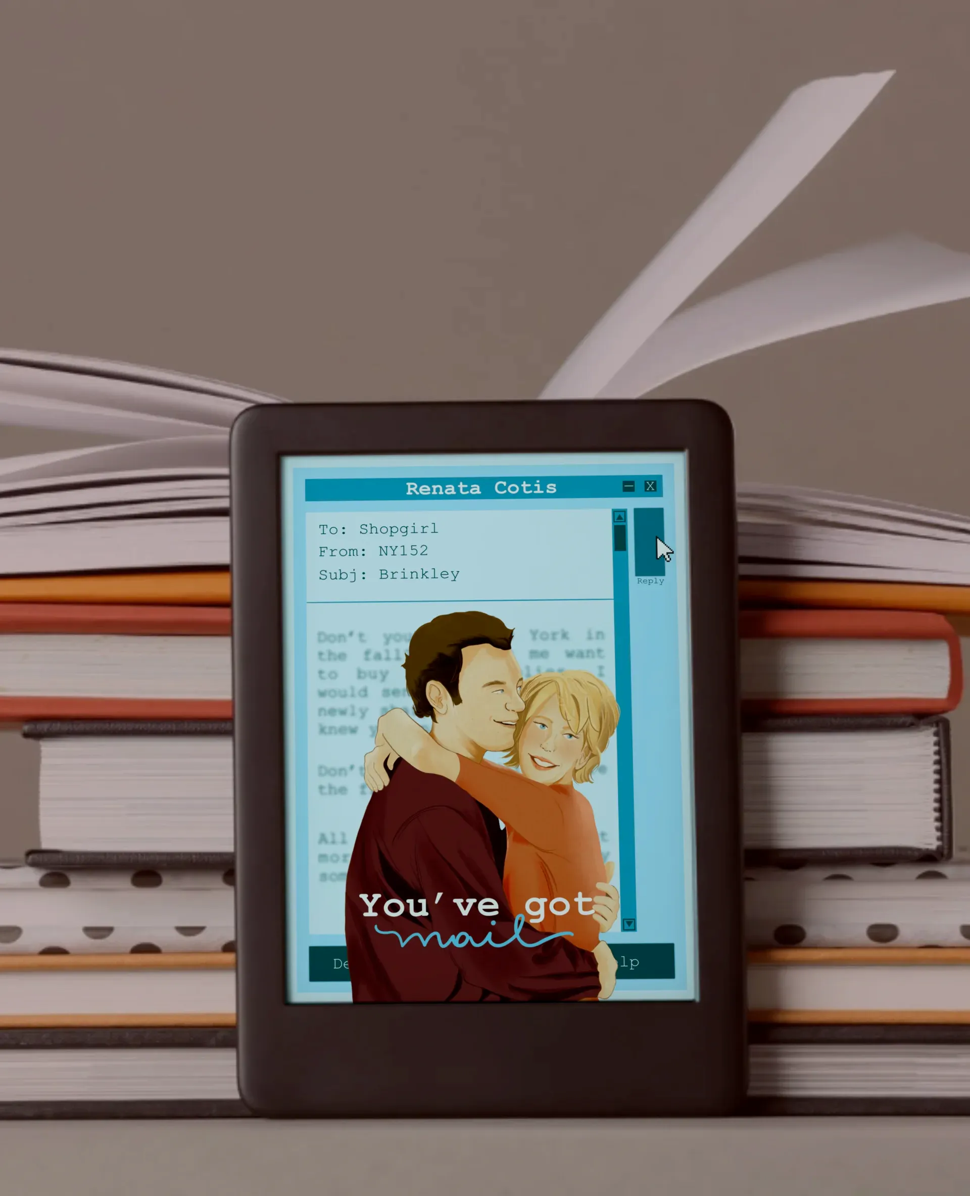 Mockup showing a book cover design on an e-reader screen with printed books stacked behind, representing book cover design services.