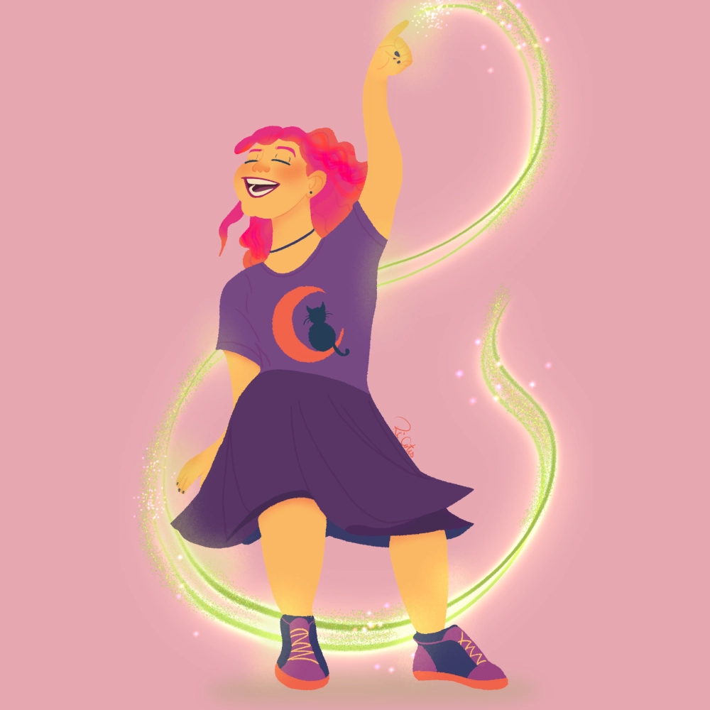 Luna, a young witch, dances with a bright green light shining from her right hand. She wears a pink skirt, a purple shirt with a cat on a crescent moon, and has pink hair with orange streaks.