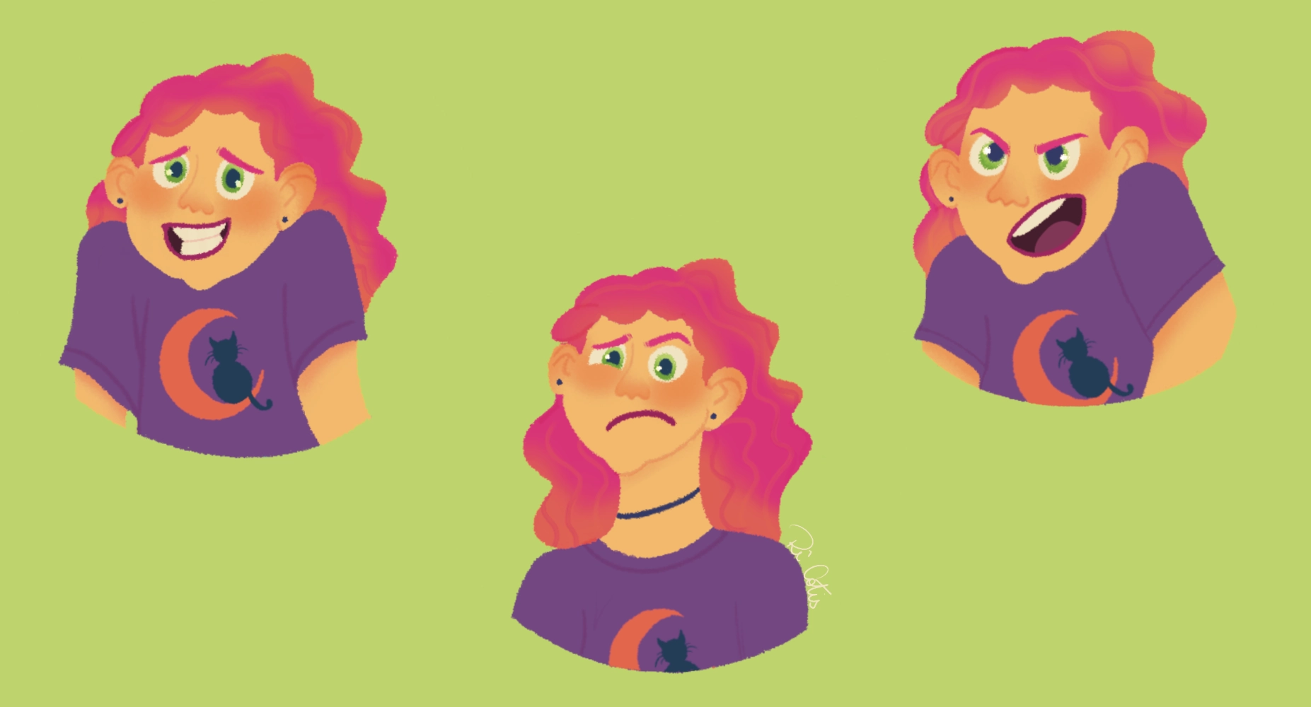 Three expressions of Luna: smiling shyly with raised shoulders, looking doubtful with one eyebrow arched, and angry with an open mouth and furrowed brows.