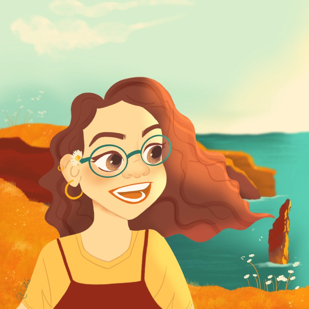 A young woman smiles while looking toward the Cliffs of Moher. White flowers float in the wind, and a tall rock rises from the sea, creating a soft and magical scene.
