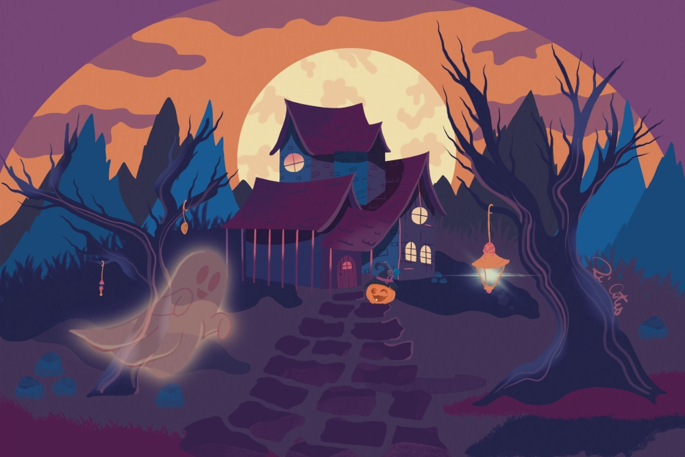 A mysterious manor under the moonlight surrounded by two trees and mountains behind.