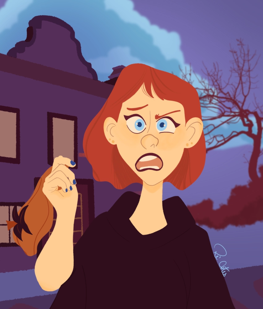 A person in a pumpkin costume holds the mask in one hand, making a confused “huh?” face. They had just tried to calm the children by explaining it was all just a costume, but the kids have already run off in fear.