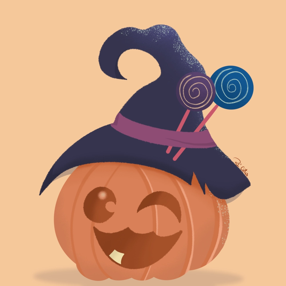 A magical pumpkin is smiling, wearing a tall, curved hat. Two round lollipops are attached to the hat with a ribbon.