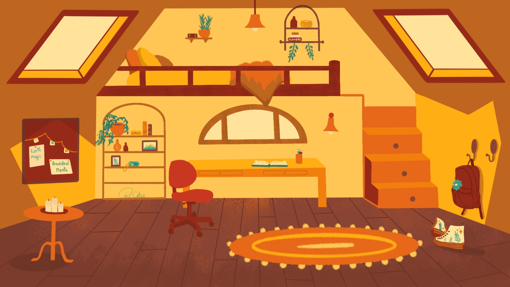 A two-level bedroom with a bed on a mezzanine, surrounded by books and plants. Below, a desk holds potions, a camera, and candles. Personal items and cozy details fill the magical space.