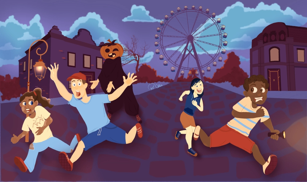 At night in a spooky amusement park, four children run between two dark buildings. A lamp on the left lights a curious blue-eyed girl with vitiligo and a terrified white boy. A laughing Asian girl and a scared Black boy with a flashlight follow closely. Behind them, a pumpkin-headed figure looks frustrated. In the distance, a leafless tree and a Ferris wheel.